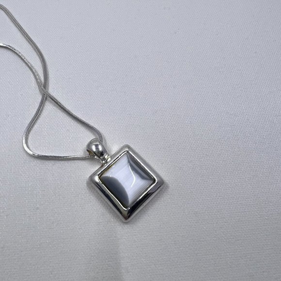 NY Silver Toned 16” Necklace with Smokey Grey Square Tigers Eye Pendant - Picture 3 of 5